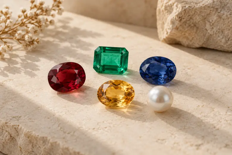Illustrative selection of coloured gemstones and a pearl